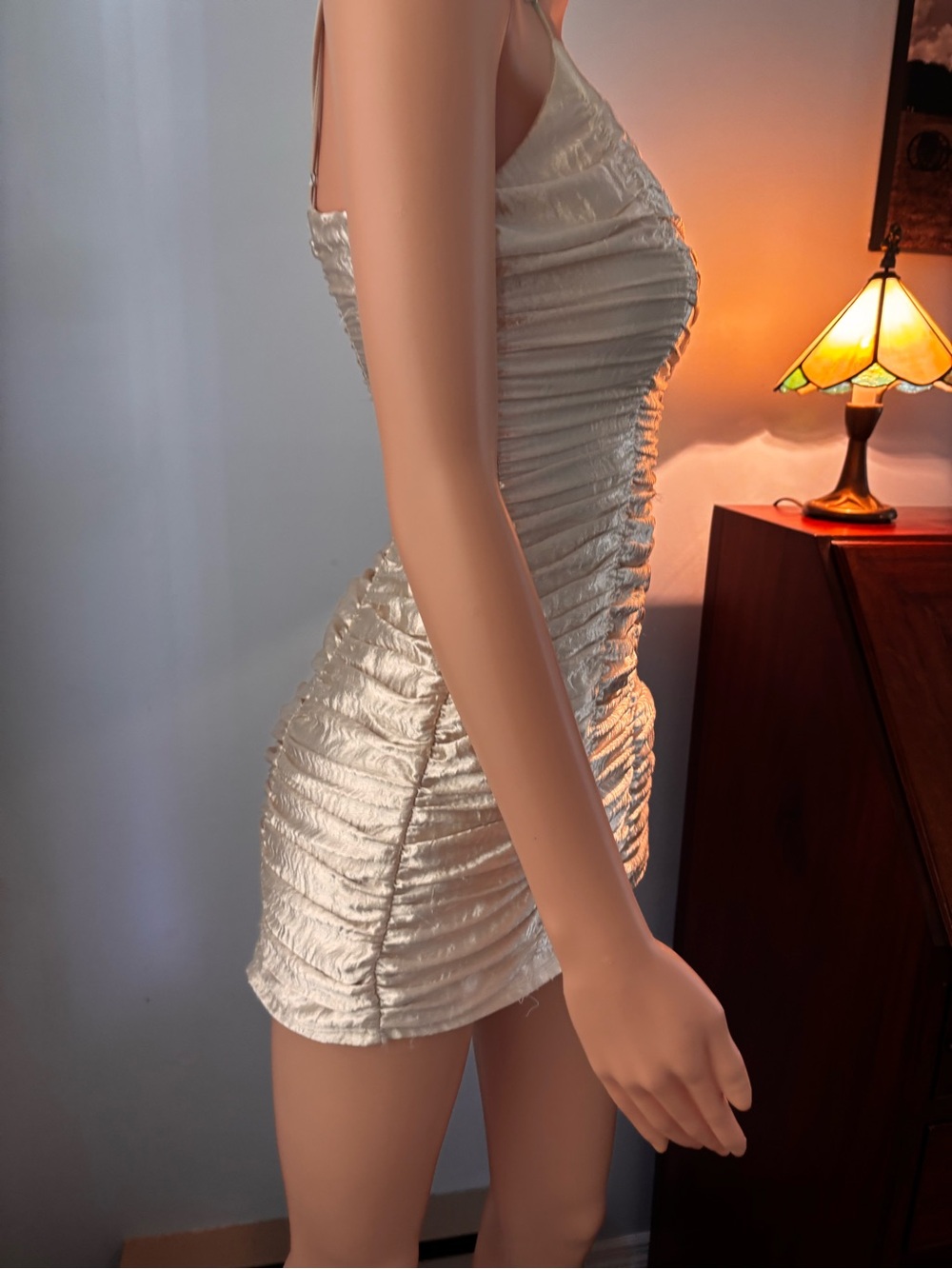 Lucy in the Sky Shimmery Champagne Ruched Mini Dress